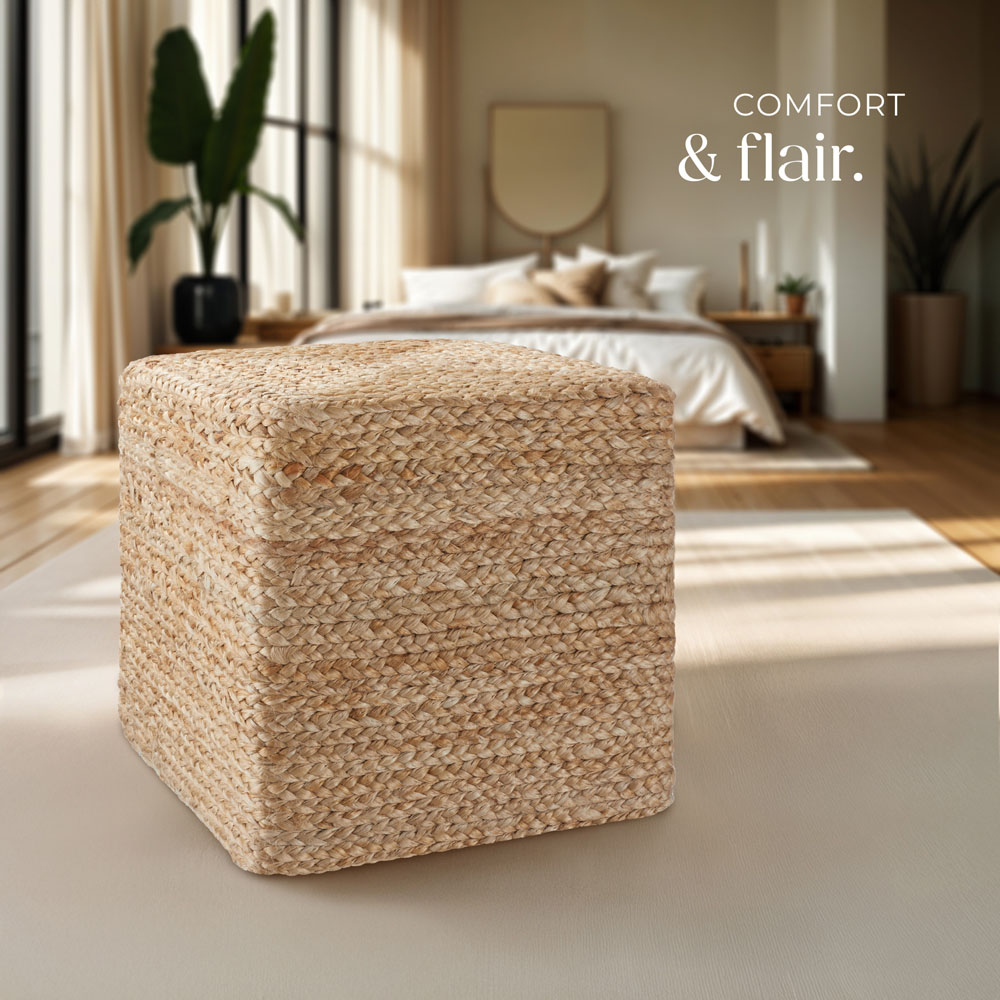 Tectake Banno Boho Style Natural Jute Cube Footstool Image 3