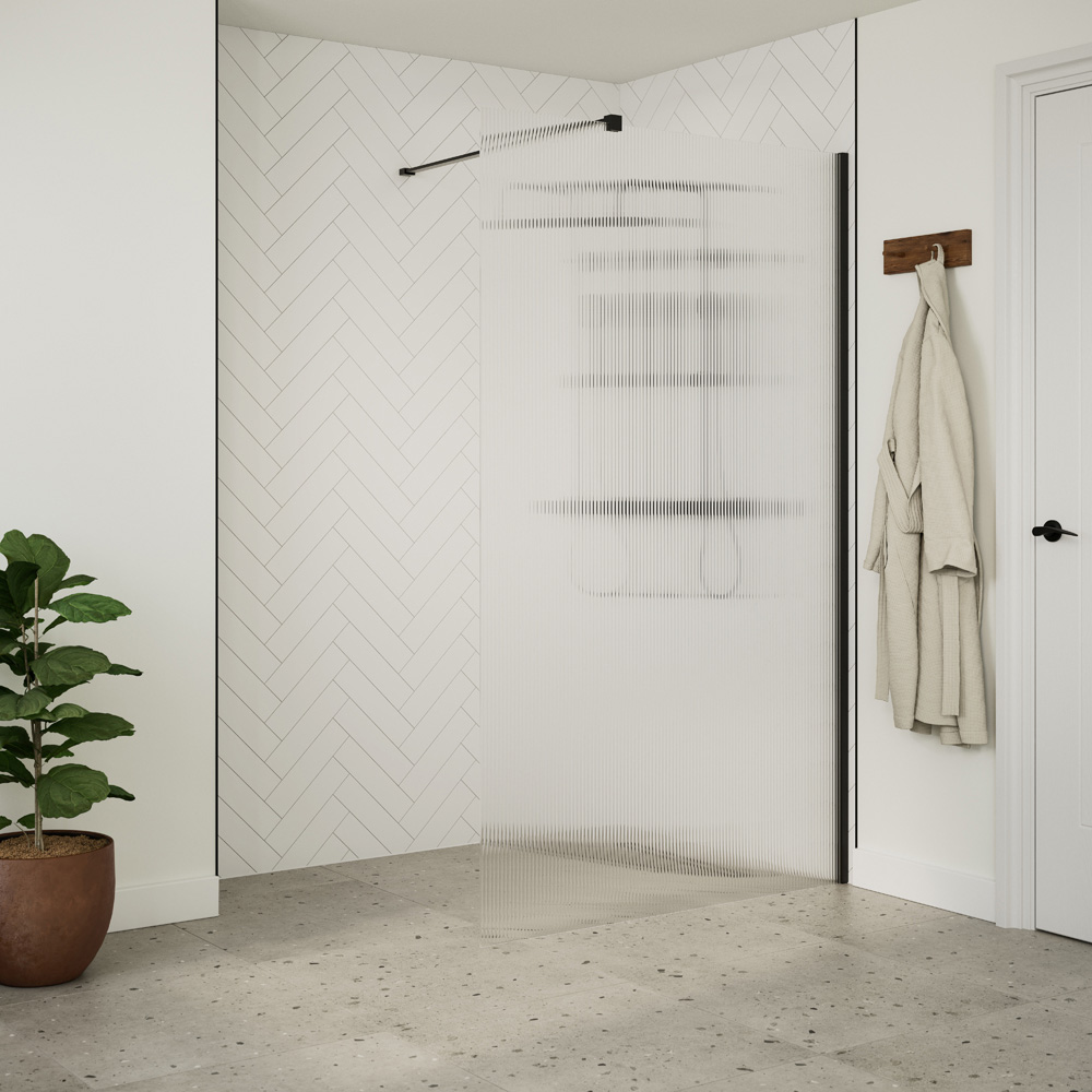 Bathstore Nero Fluted Glass Wetroom Shower Panel with Matt Black Profile and Front Arm 800mm Image 2