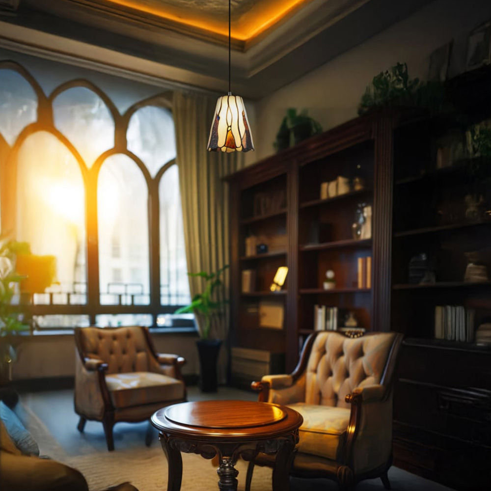 Happy Homewares Amber Stained Glass Tiffany Pendant Light Shade with Coloured Gems Image 2