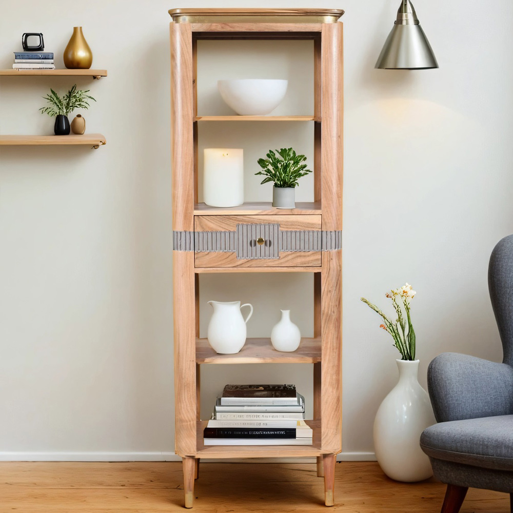 Brooklyn Wilton Single Drawer 4 Shelf Acacia Wood Slim Bookcase Image 1