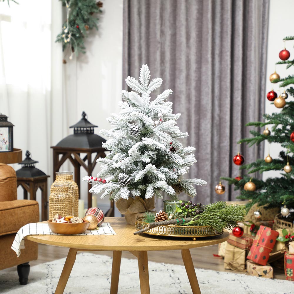 Everglow Pre-Lit Snow Flocked Tabletop Artificial Christmas Tree with Pinecones and Berries 2ft Image 8
