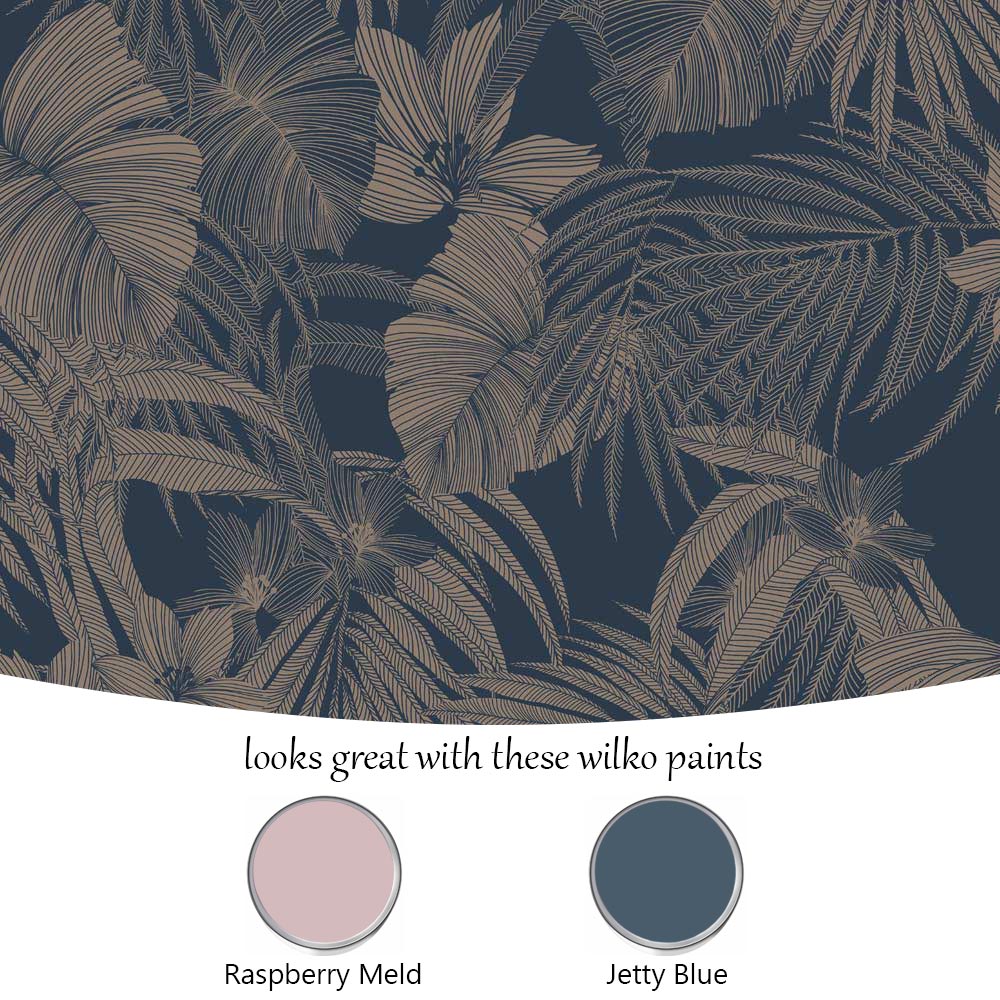 Grandeco Joelle Metallic Floral Fern Outline Navy and Rose Gold Wallpaper Image 4