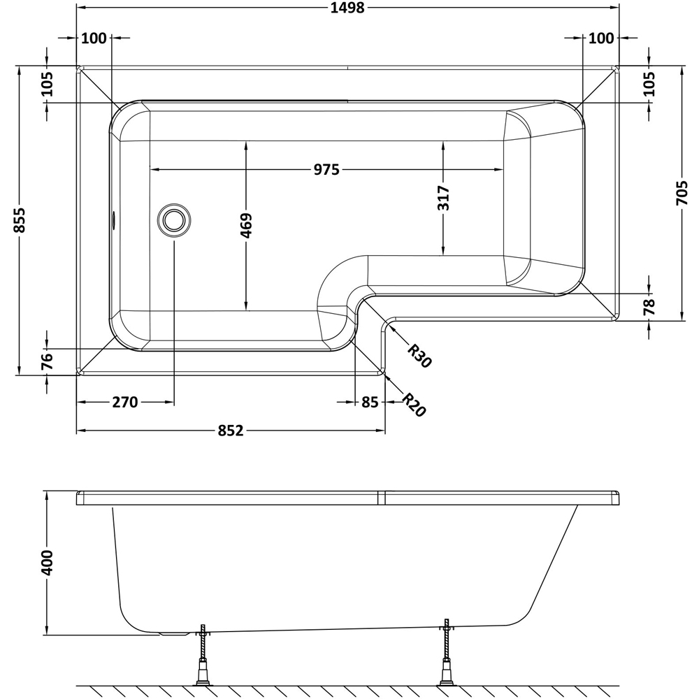 nuie White Left Hand Square Shower Bath 1500mm Image 2