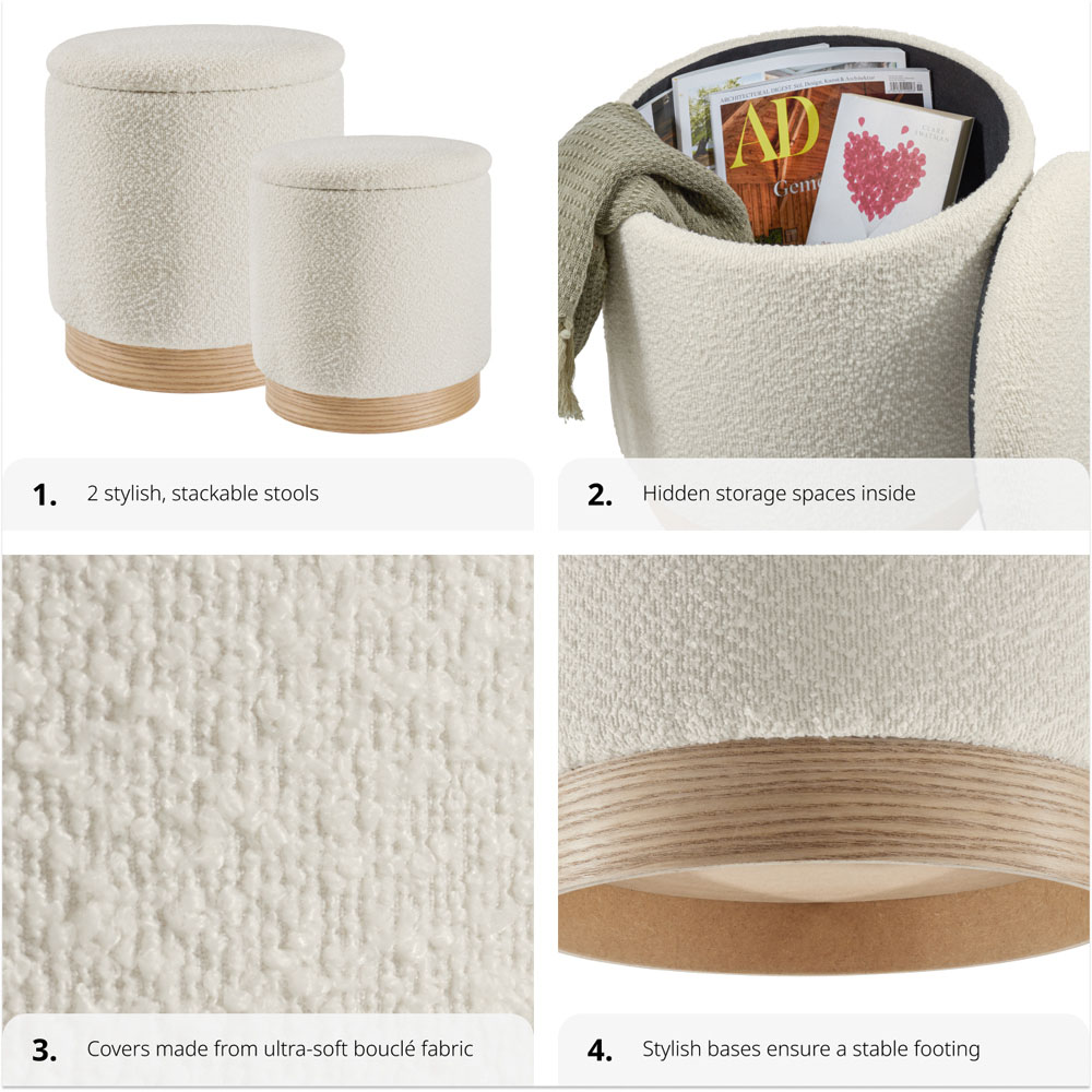 Tectake Orchid Set of 2 White Boucle Padded Stools with Storage Image 4