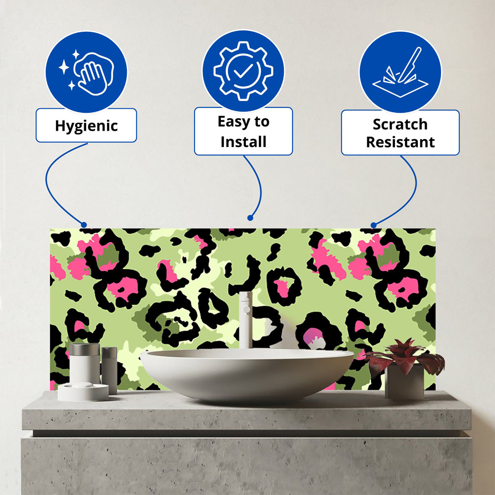 Warren Reed Designer Green and Pink Leopard Print Glass Bathroom Splashback 25 x 60cm Image 3