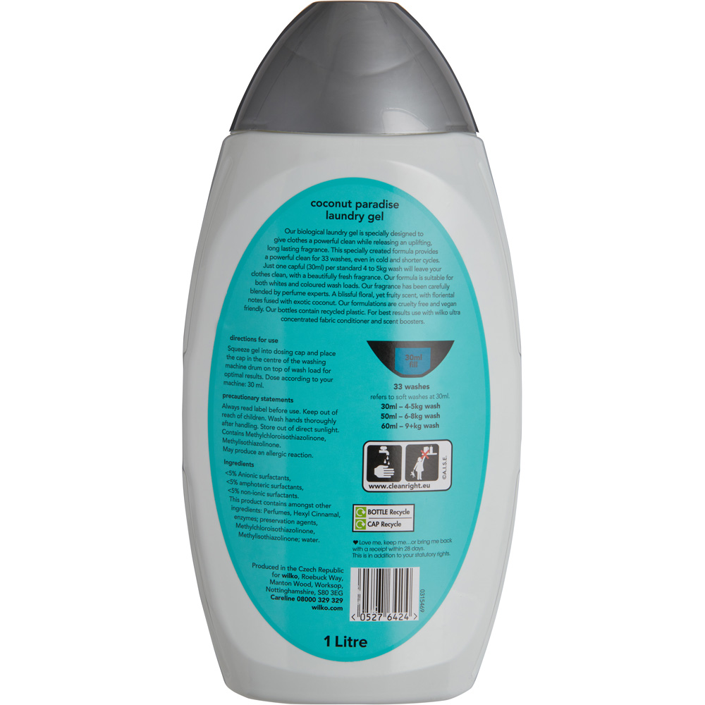Wilko Biological Coconut Paradise Laundry Gel 33 Washes 1L Image 2