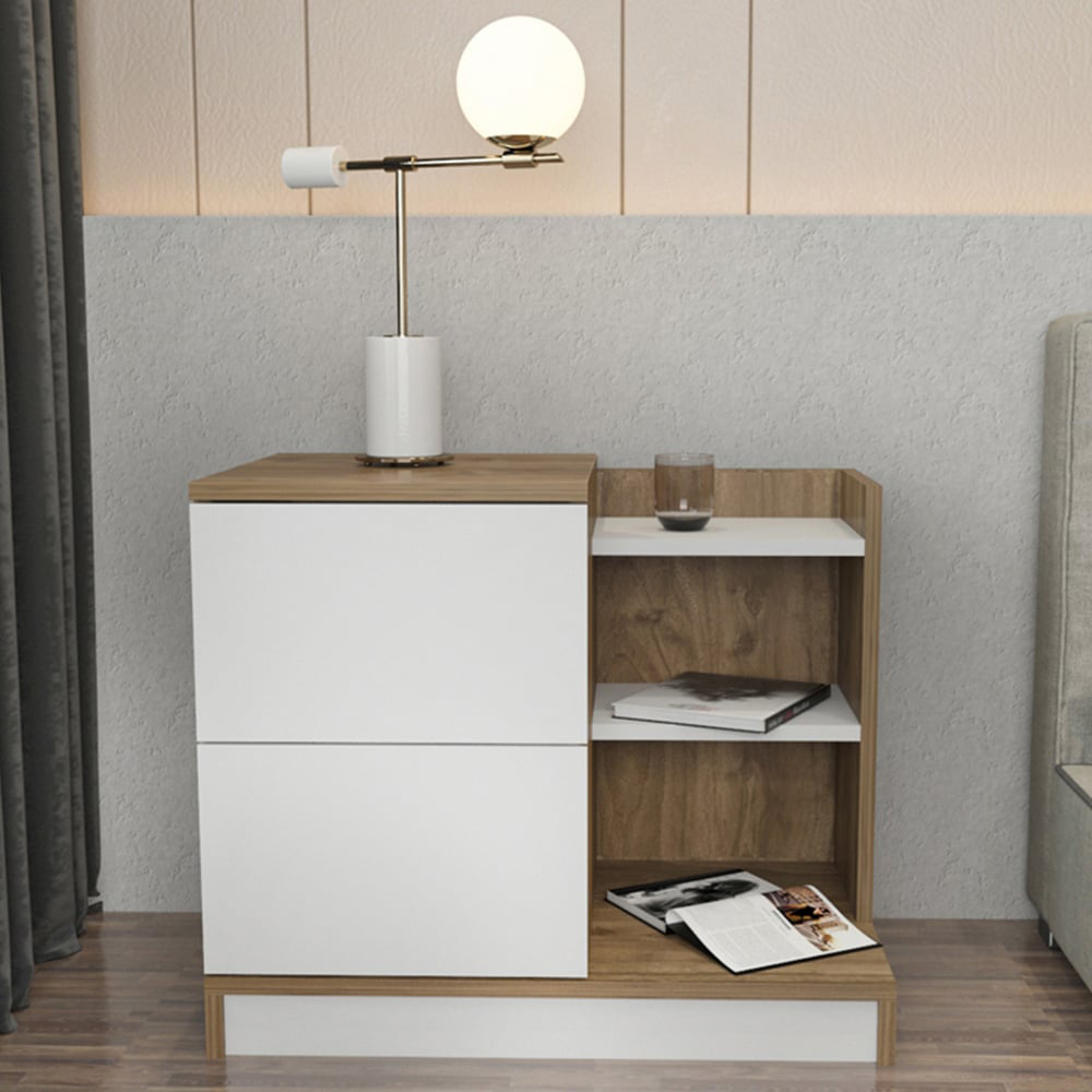 Decorotika Rena 2 Door 3 Shelf White and Walnut Bedside Table Image 7