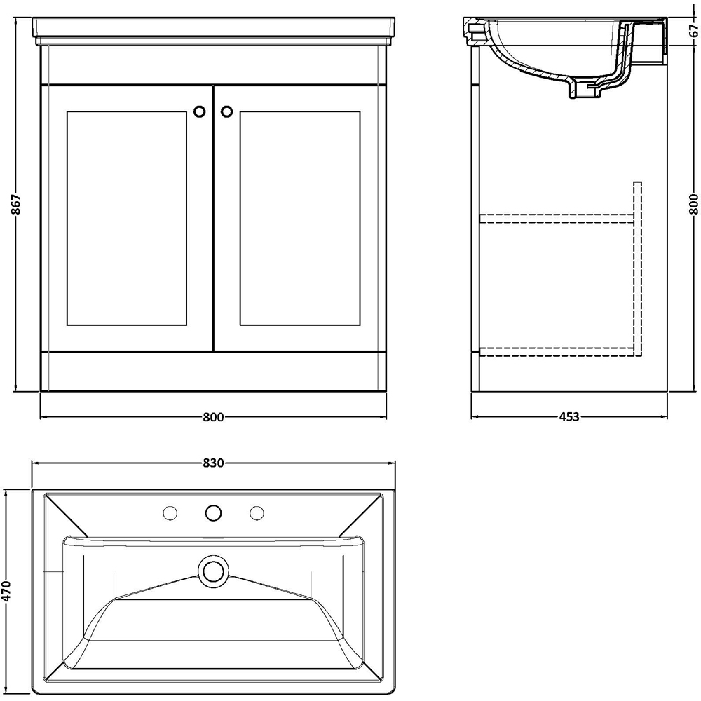 nuie Classique 2 Door Satin Green Floor Standing Vanity Unit and 3 Tap Hole Fireclay Basin 800mm Image 3
