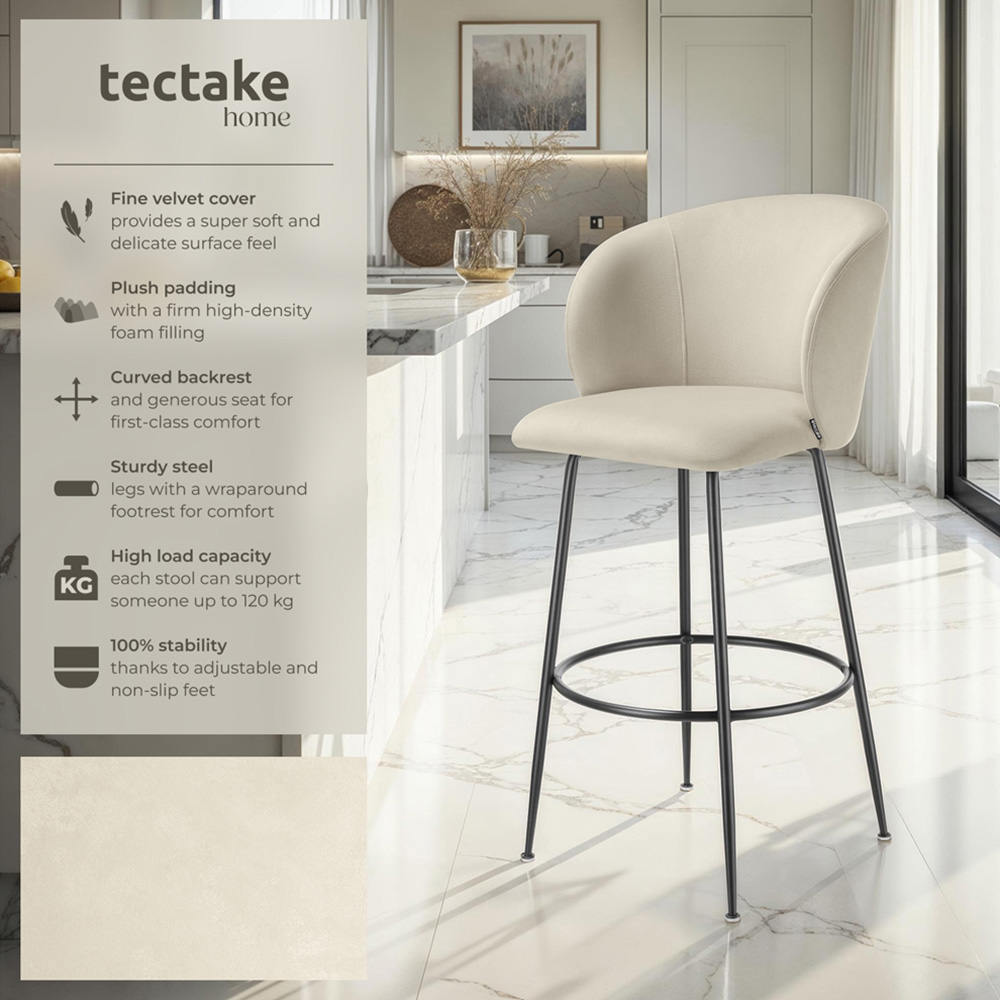 tectake Luana Cream and Black Velvet Look Padded Bar Stool Set of 4 Image 3