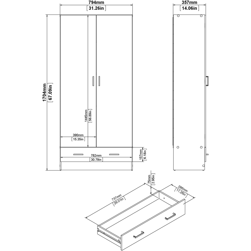 Florence Space Single Drawer 2 Door Oak Wardrobe Image 7