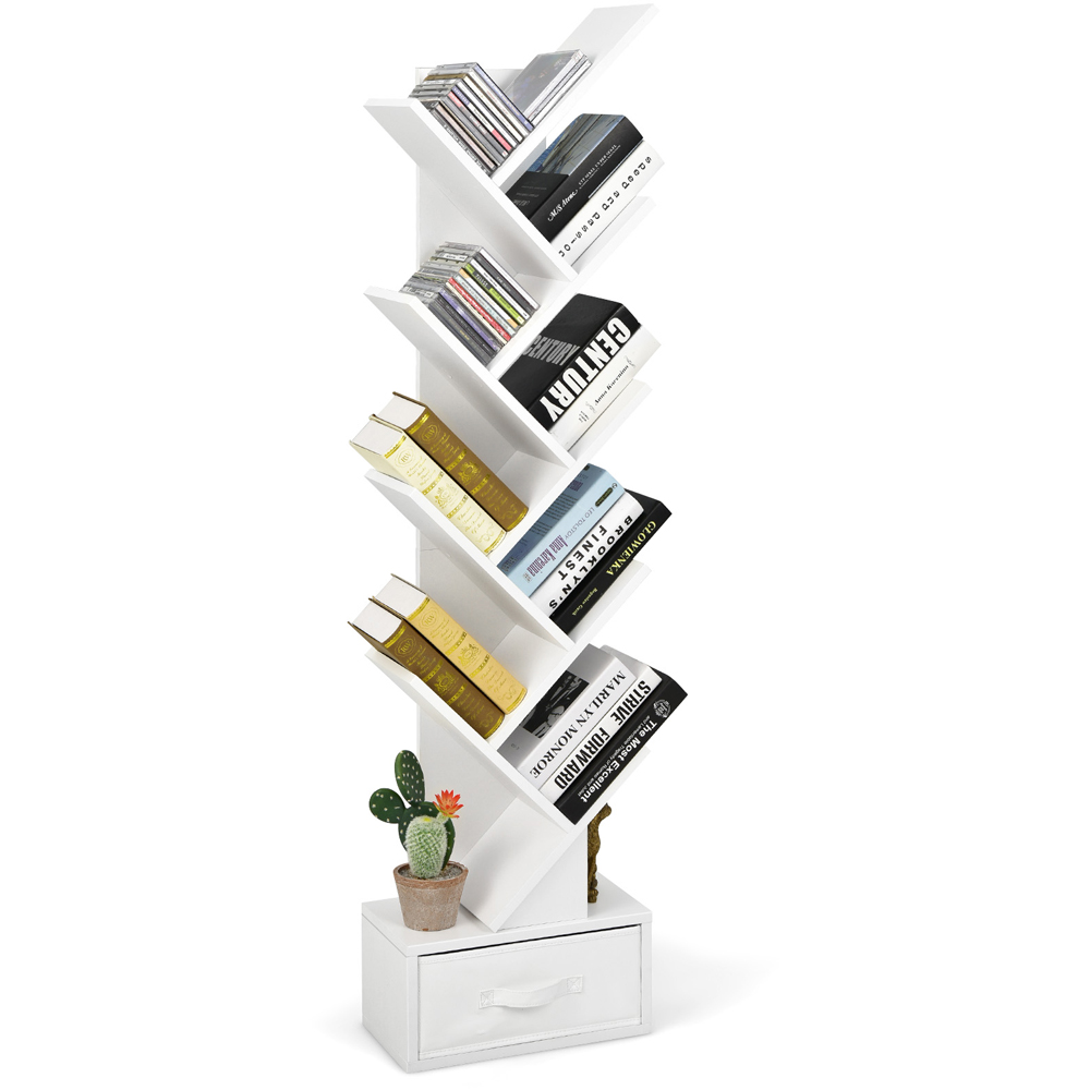 Costway Single Drawer 10 Shelf White Tree Bookshelf Image 3