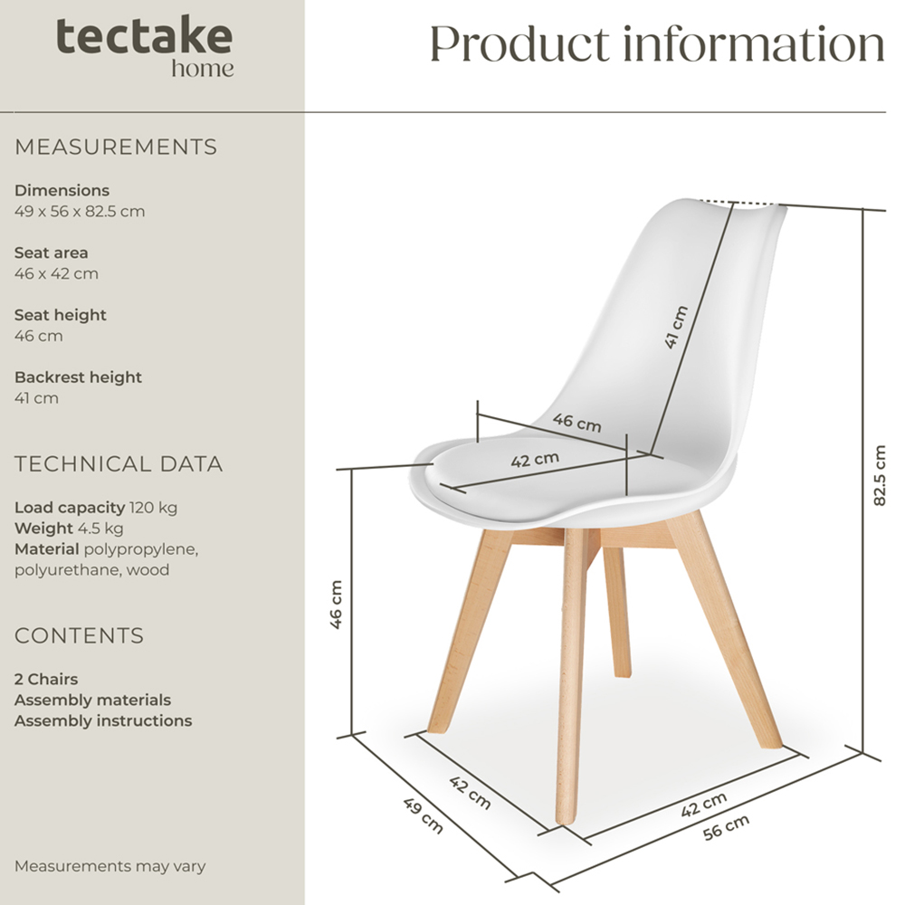 tectake Frederikke Set of 2 White Padded Dining Chair with Wooden Legs Image 9