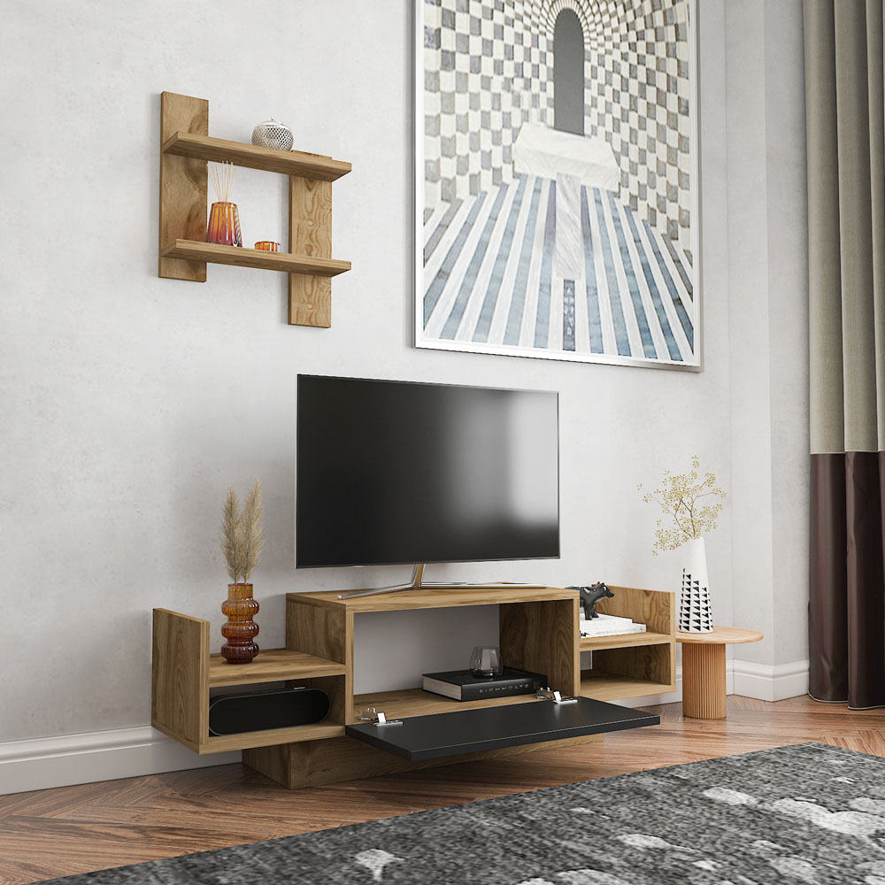 Decorotika Spring Oud and Black TV Unit with Wall Shelf Image 5