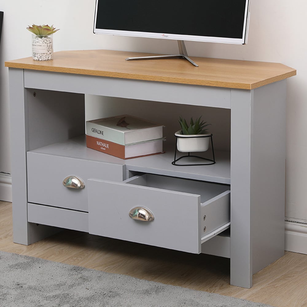 FurnitureHMD 2 Drawer Single Shelf Grey and Oak Effect Wooden Corner TV Unit Image 1