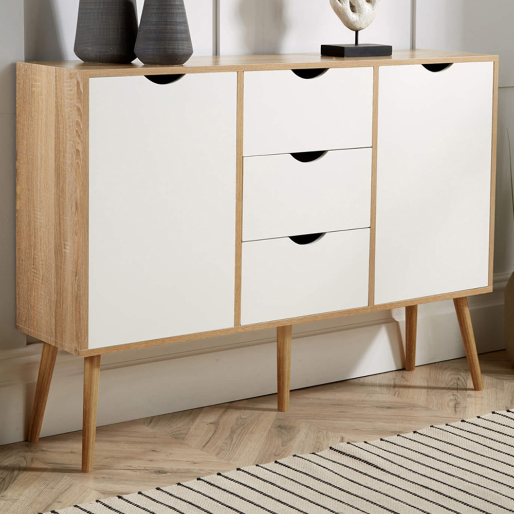 Home Source Boden 2 Door 3 Drawer White and Oak Effect Sideboard Image 1