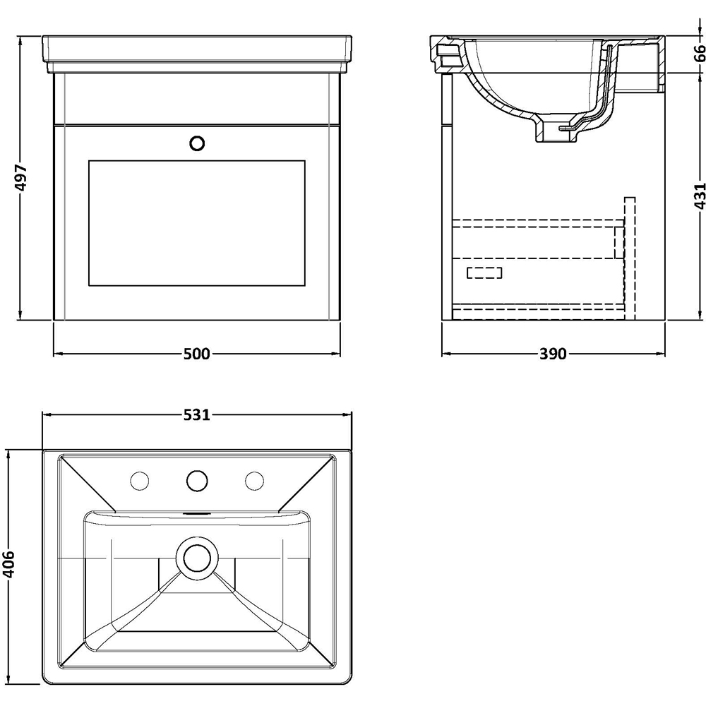 nuie Classique Single Drawer Satin White Wall Hung Vanity Unit and 3 Tap Hole Fireclay Basin 500mm Image 2