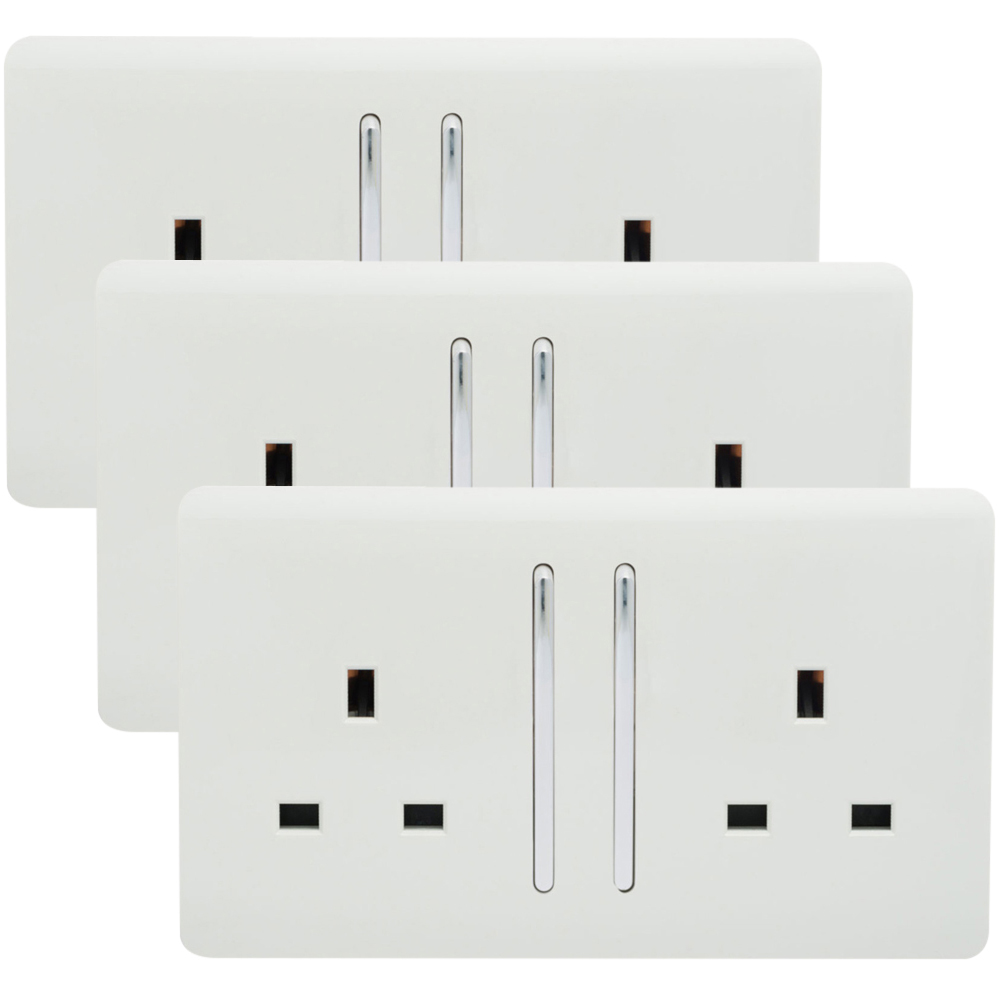 Trendi Switch 2 Gang 13amp Ice White Long Switched Plug Socket 3 Pack Image 1