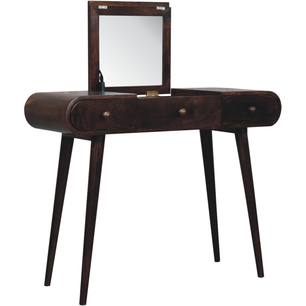 Artisan Furniture 3 Drawer Dark Brown Walnut Solid Wood Dressing Table with Foldable Mirror Image 2