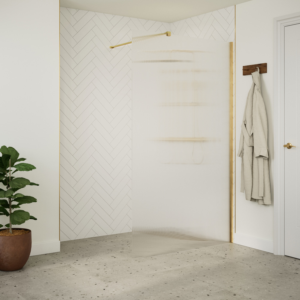 Bathstore Nero Fluted Glass Wetroom Shower Panel with Brushed Brass Profile and Front Arm 900mm Image 2
