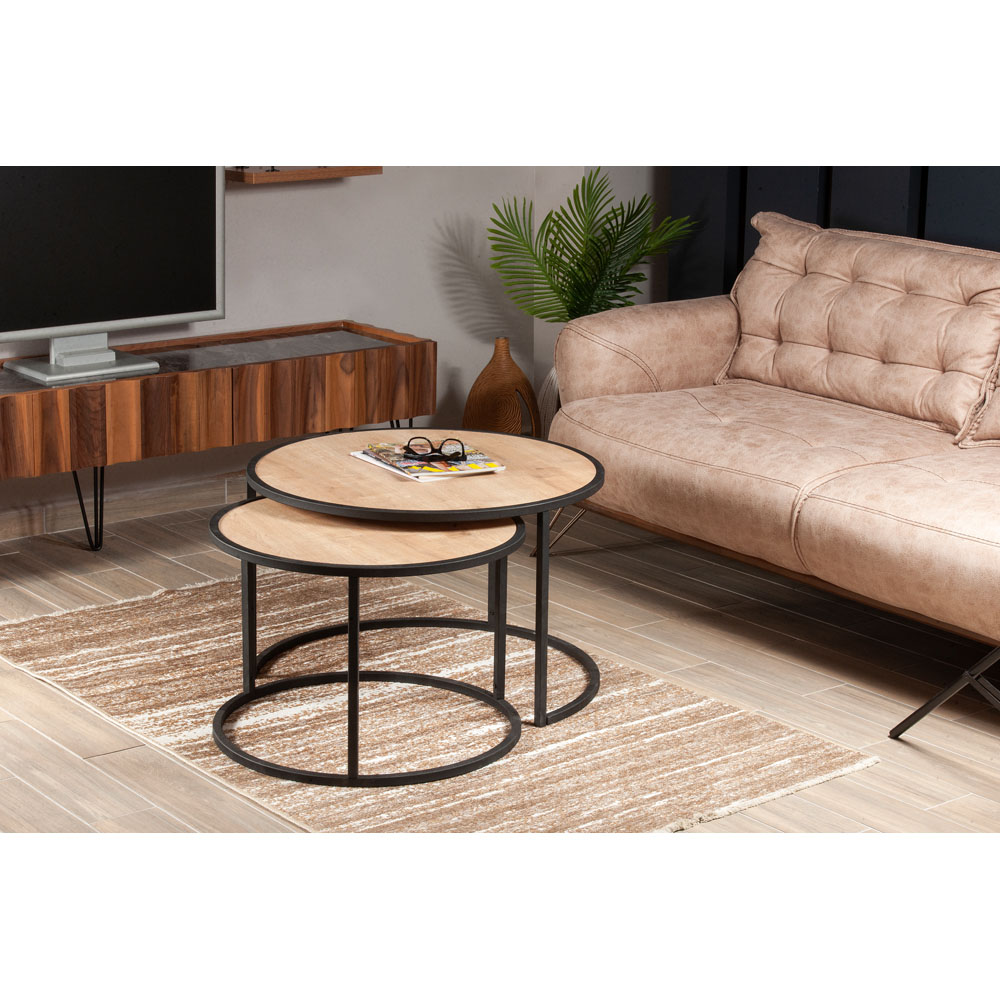 Decorotika Tambur Sapphire Oak and Black Round Nest of Coffee Tables Set of 2 Image 5