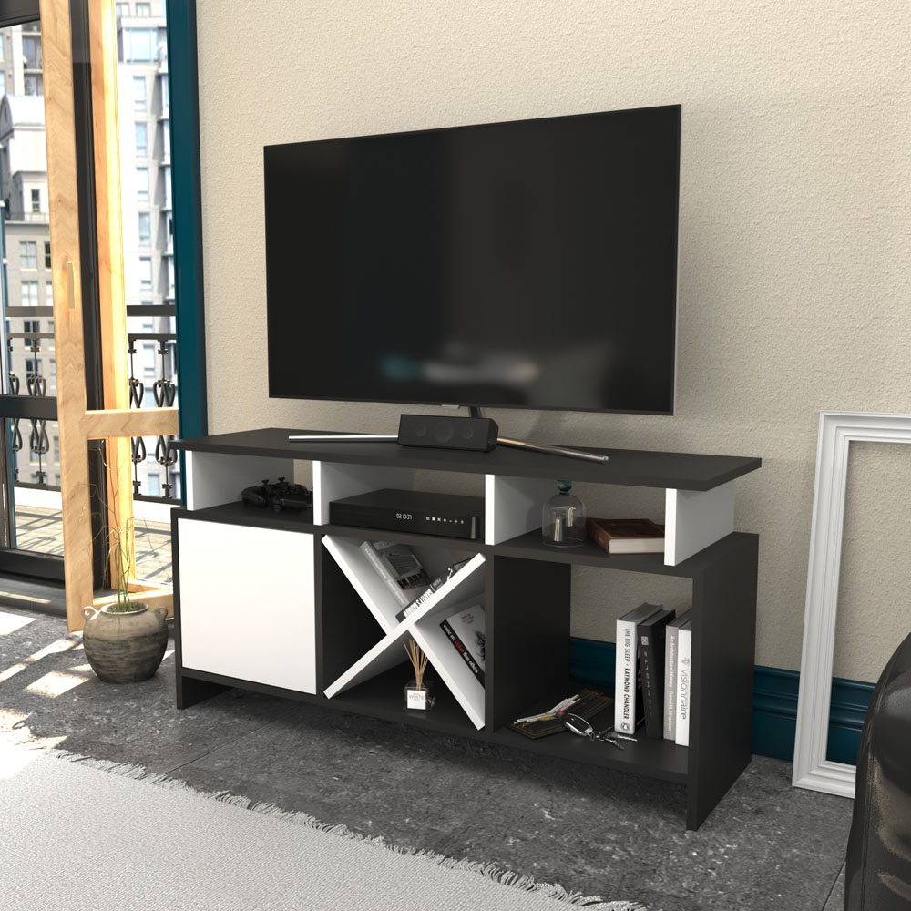 Decorotika Aurburn Single Door 8 Shelf Anthracite and White TV Unit Image 3