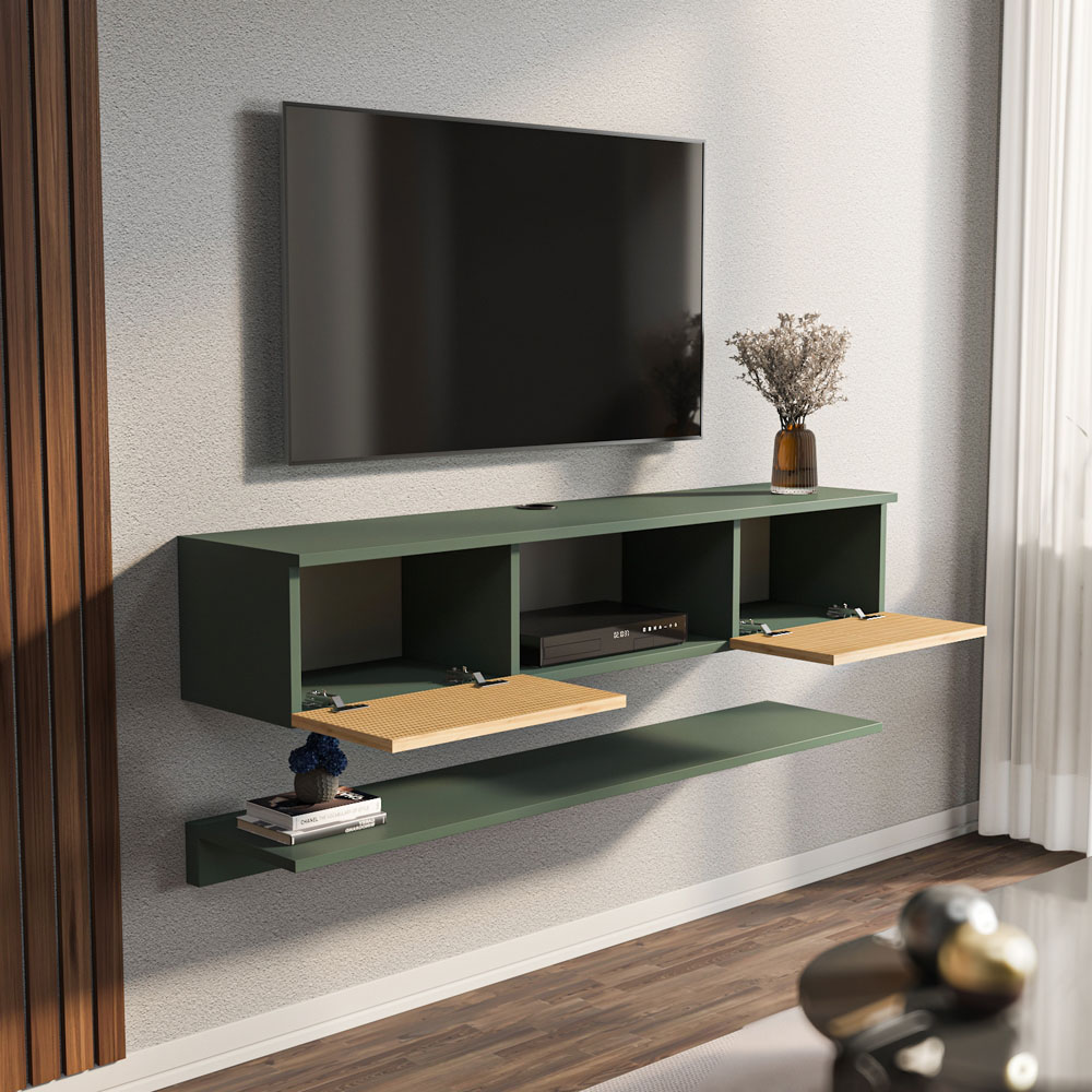 Decorotika Elia 2 Door Single Shelf Silva and Hazeran Floating TV Unit with Wall Shelf Image 4
