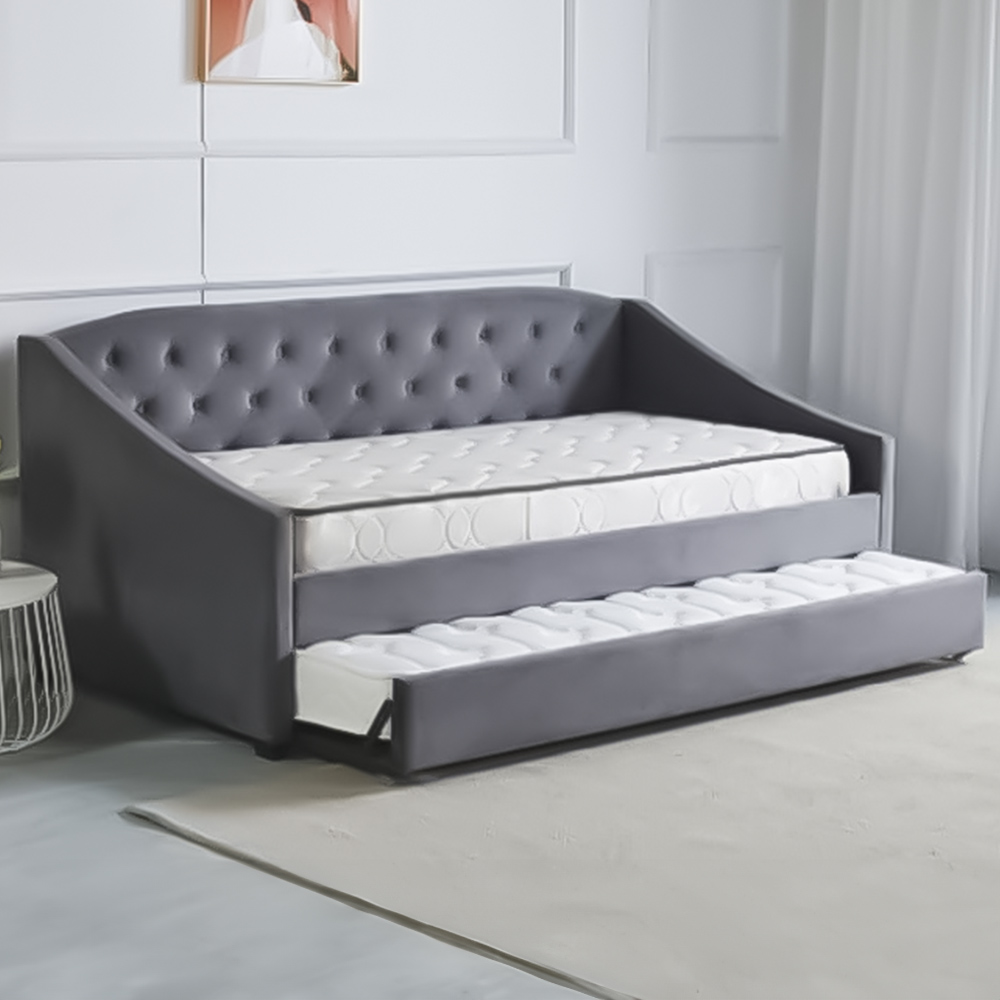 Portland Single Grey Velvet Tufted Day Bed with Trundle Image 2