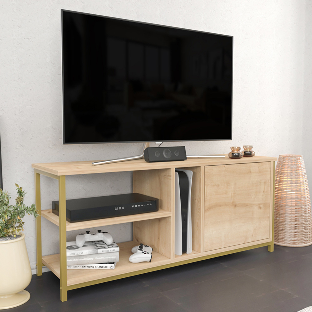 Decorotika Neola Single Door 3 Shelf Yellow and Oak TV Unit Image 6