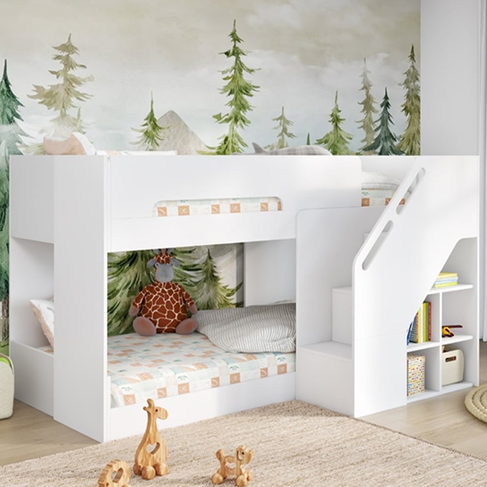 Flair Phobo Single White Low Bunk Bed with Staircase Image 1
