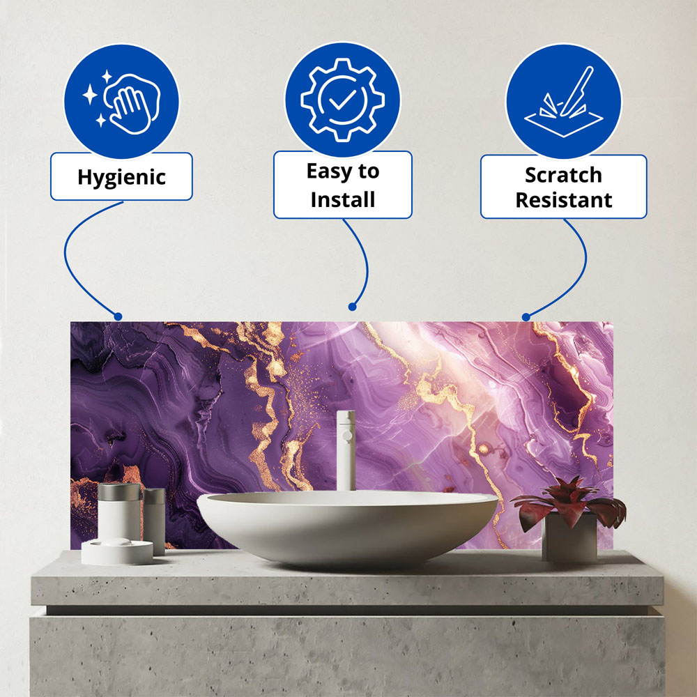 Warren Reed Designer Purple and Gold Marble Effect Bathroom Splashback 25 x 60cm Image 3