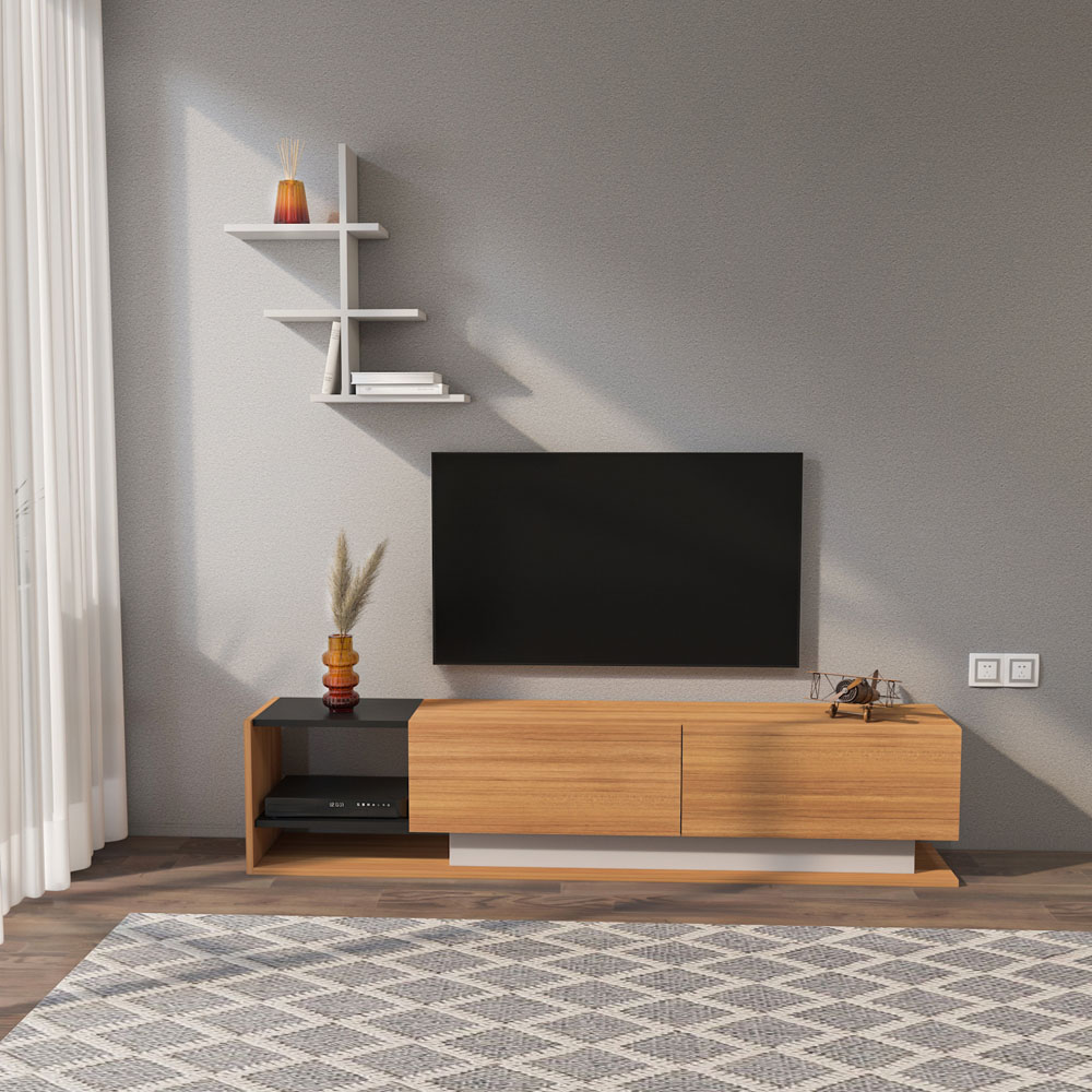 Decorotika Liza 2 Door 2 Shelf Teak Black and White TV Unit with Wall Shelf Image 7