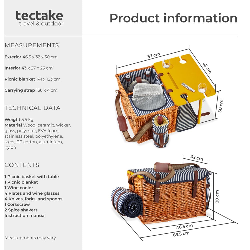 tectake Rugen 4 Person Picnic Basket with Cooler Compartment and Accessories Image 8