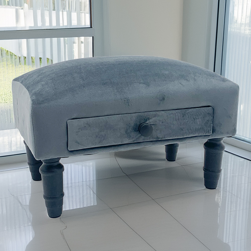 Acacia Home Single Drawer Grey Velvet Footstool Image 1