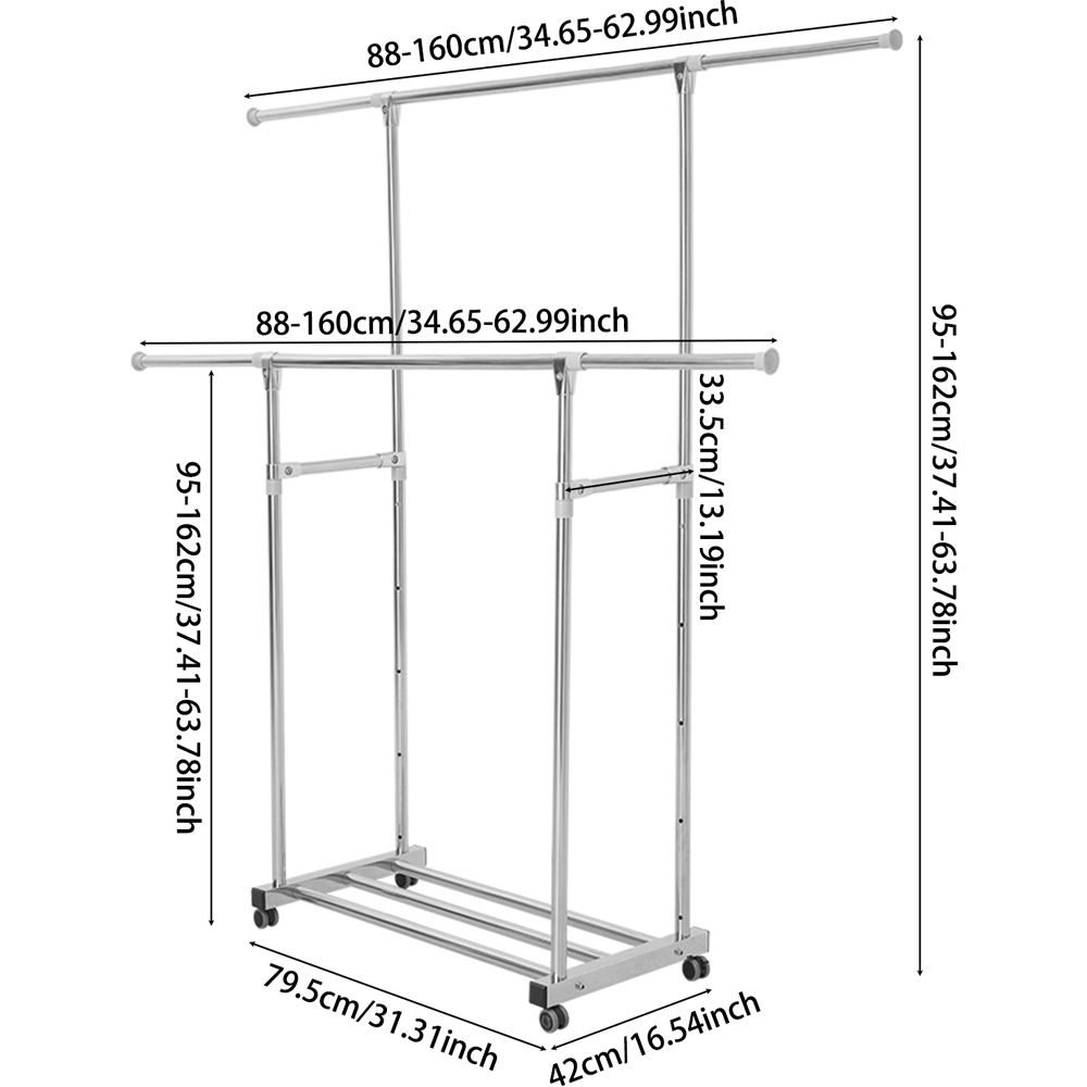 Living and Home Single Shelf Silver Adjustable Double Rail Clothes Rack with Wheels Image 8