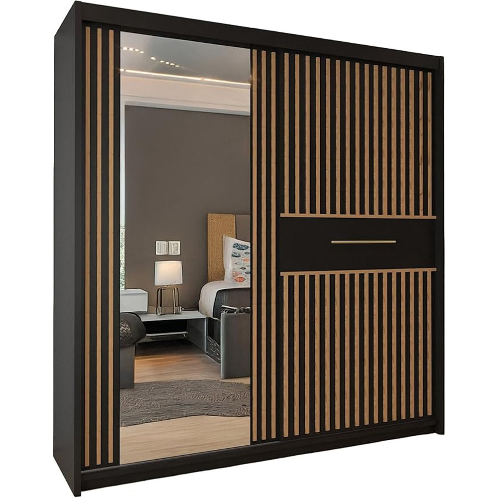 Sliding Wardrobes 4U 2 Sliding Door Black Modern Wide Oak Striped Mirrored Wardrobe 203cm Image 2