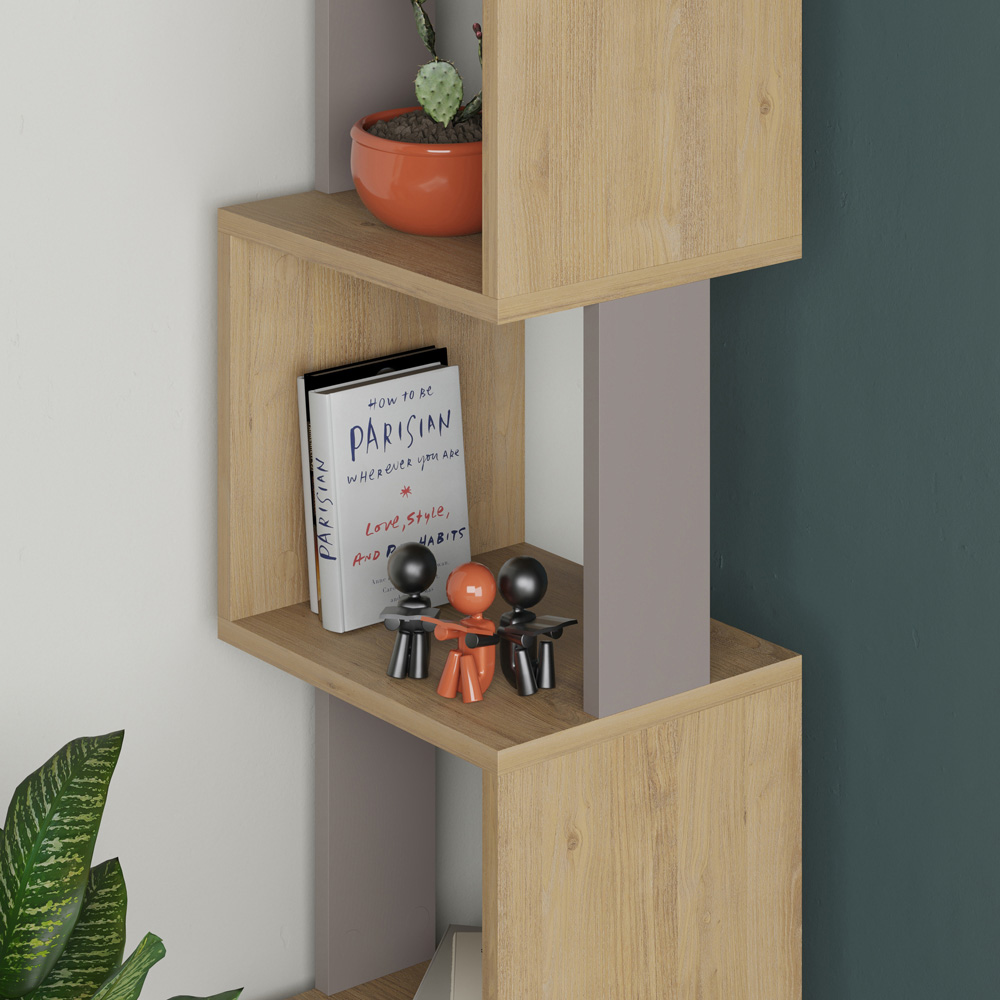 Decortie Piri 5 Shelf Oak and Mocha Grey Asymmetrical Bookcase Image 3
