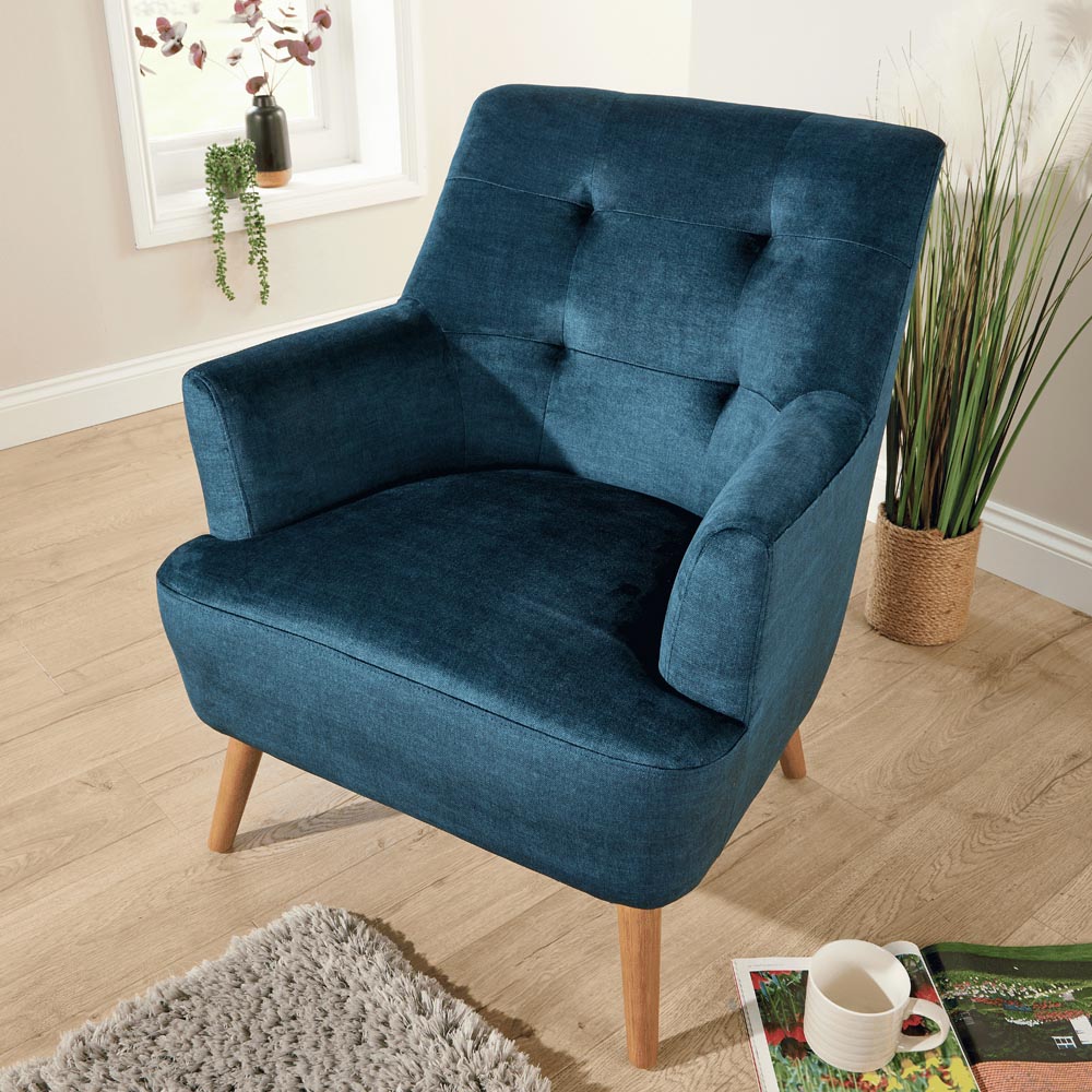 Home Source Arta Dark Blue Plush Accent Armchair with Wooden Legs Image 6