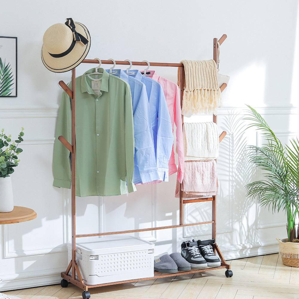 Living and Home Brown Bamboo Freestanding Clothing Rack With Storage Shelf Image 2