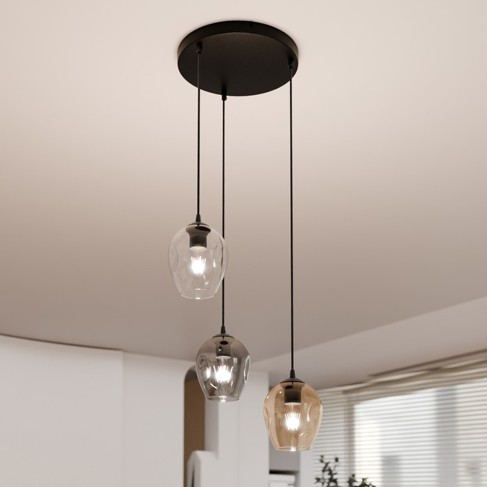 Emibig Istar Prem 3 Light Transparent Graphite and Amber Shade Black E27 Ceiling Pendant Light Image 7