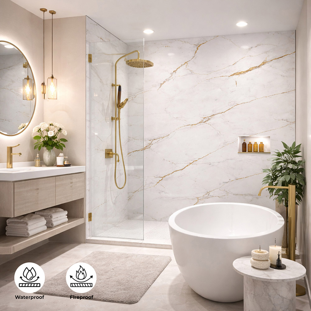 Britwall Gold Vein Carrara Marble Glossy Shower Panel 2400 x 1000mm 3 Pack Image 7