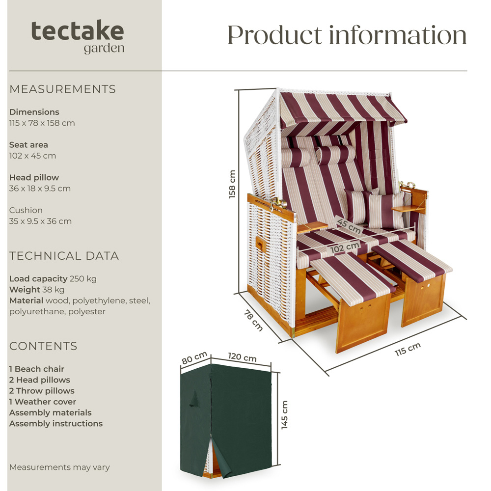 tectake Sylt Red and White Beach Chair with Cushions and Cover Image 8
