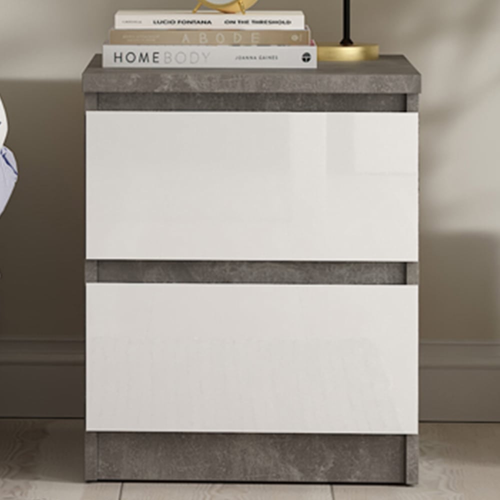 Florence Naia 2 Drawer Concrete and White High Gloss Bedside Table Image 1