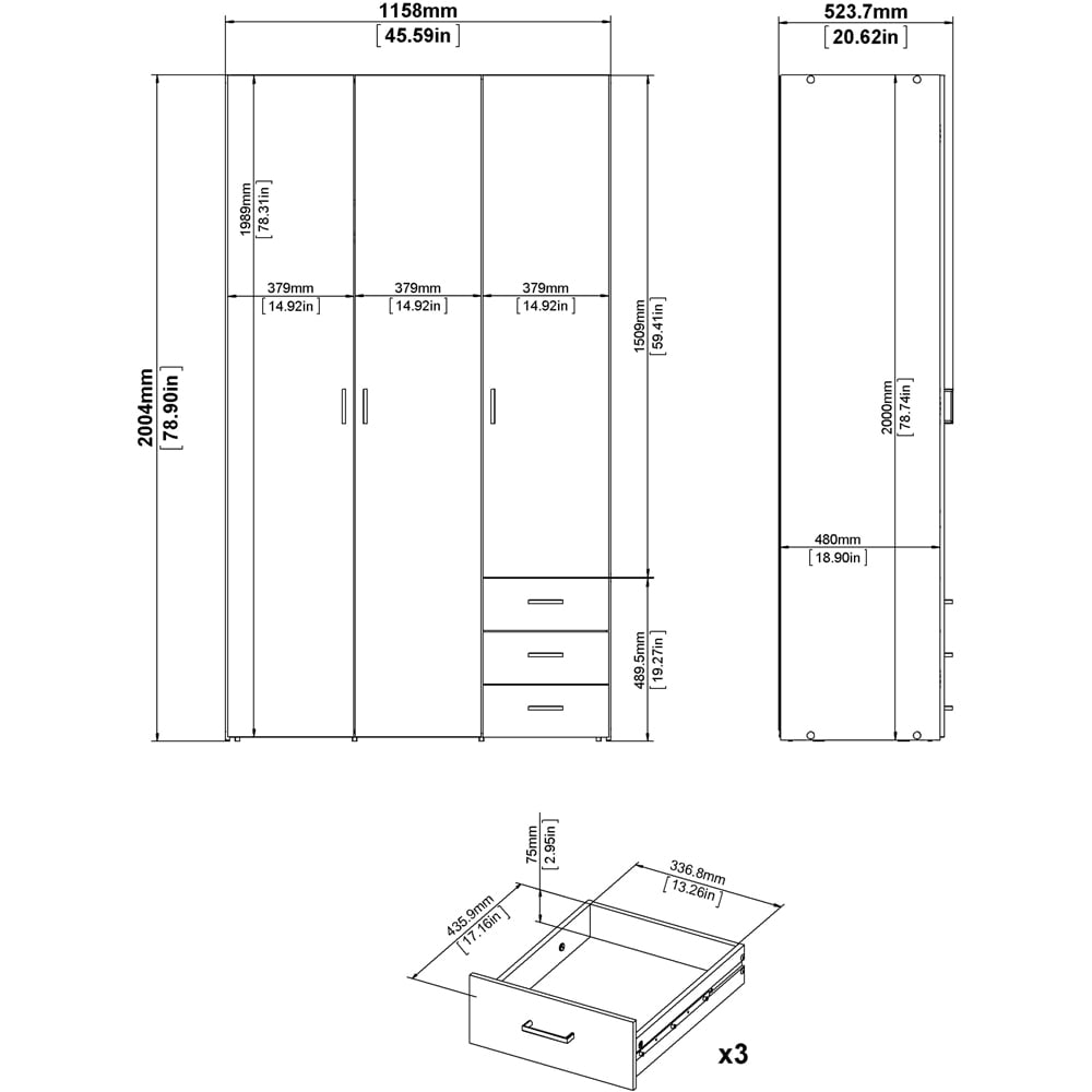 Florence Space 3 Door 3 Drawer Oak Wardrobe Image 7
