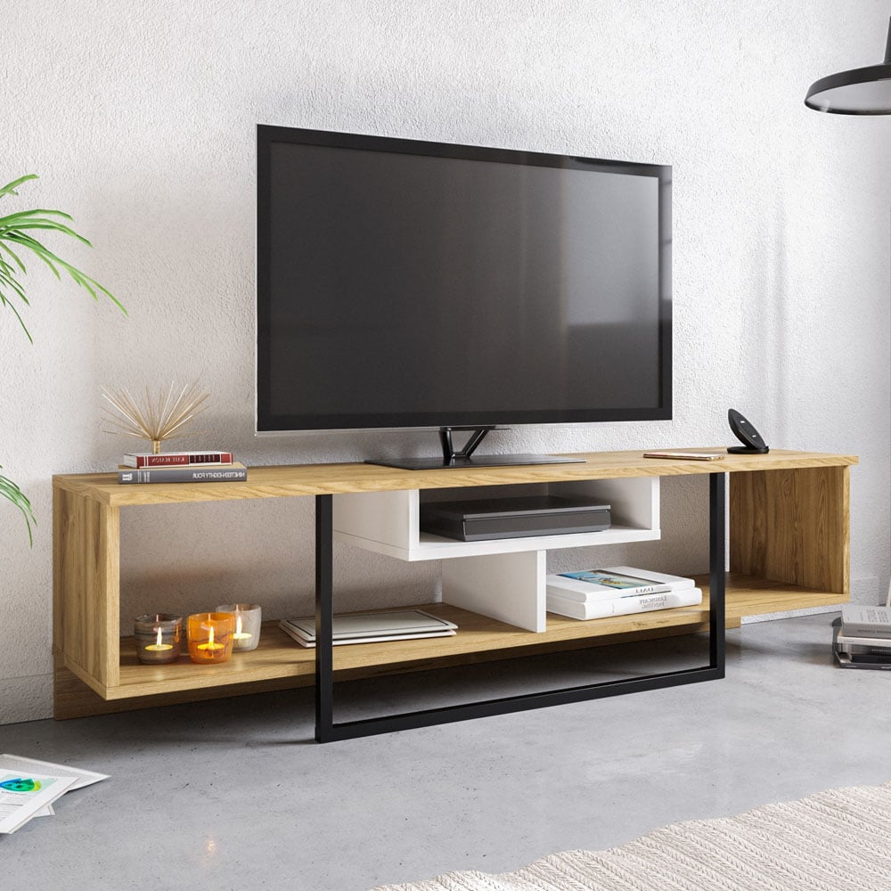 Decorotika Asal 3 Shelf Oak and White Black Modern TV Unit Image 4