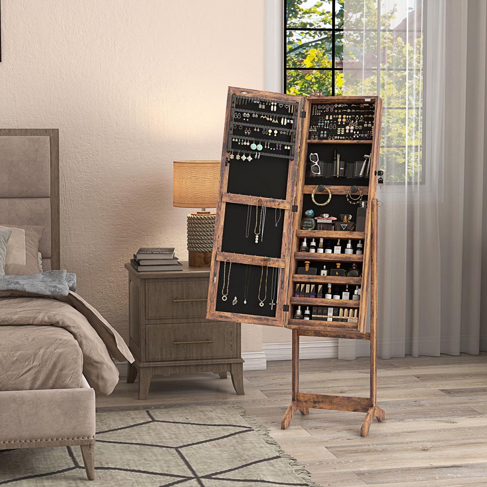 Portland Rustic Brown Mirrored Lockable Jewellery Cabinet with LED Light Image 2