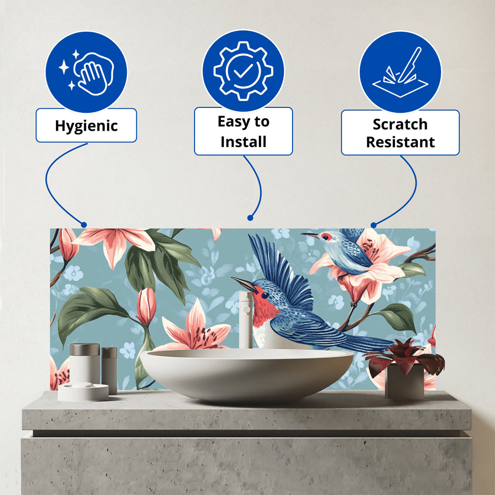 Warren Reed Designer Birds on a Branch Amongst The Lillies Glass Bathroom Splashback 25 x 60cm Image 3