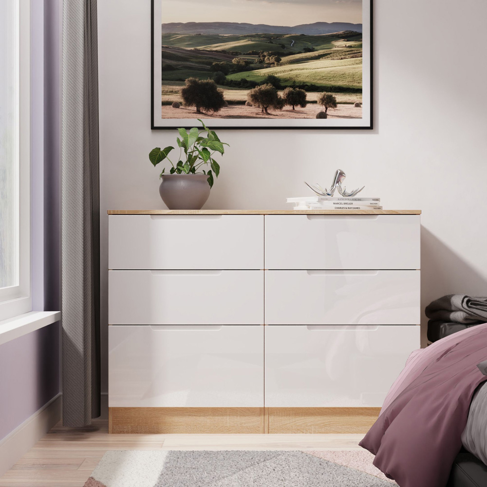 Crowndale Milan 6 Drawer White Gloss and Bardolino Oak Wide Chest of Drawers Ready Assembled Image 7