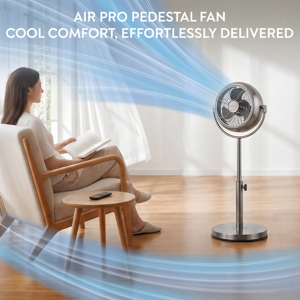 Air Pro Grey Brushed Height Adjustable Oscillating Pedestal Standing Fan with Remote 8 inch Image 2