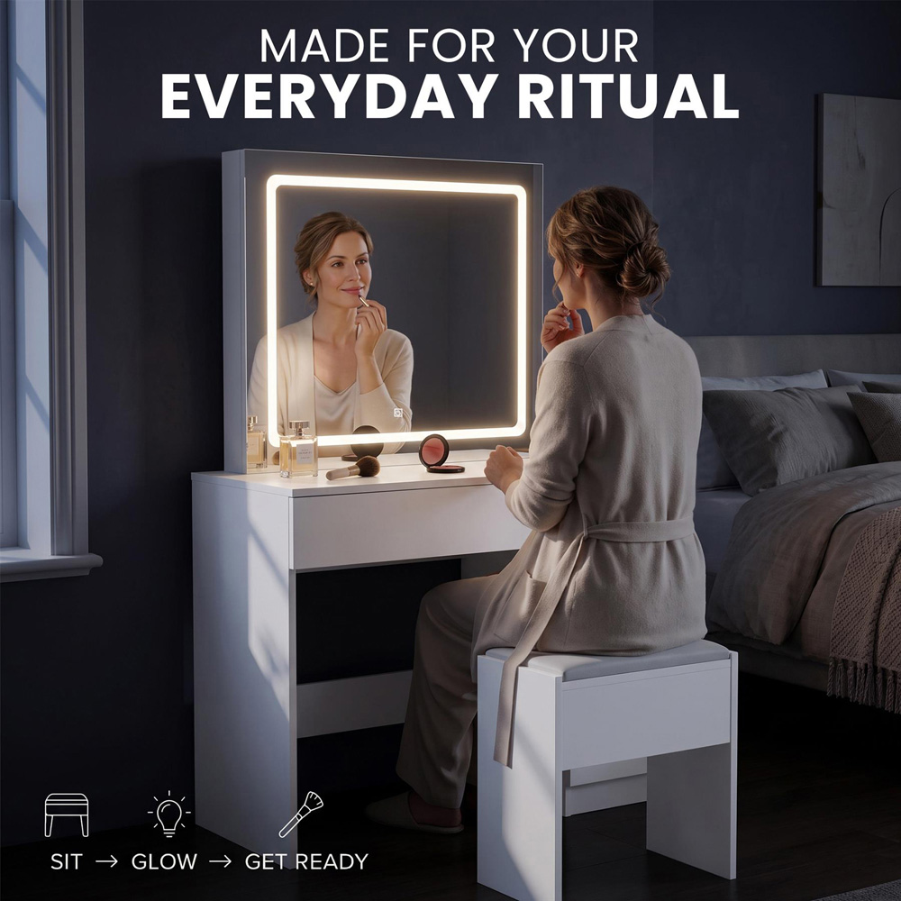 Portland 4 Drawer White Dressing Table Set with LED Mirror Image 6