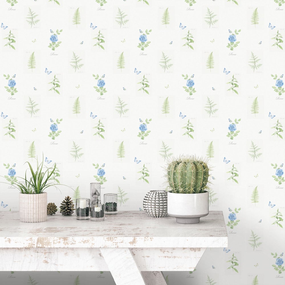 Galerie Country Cottage Roses and Leaves Green and Blue Wallpaper Image 2